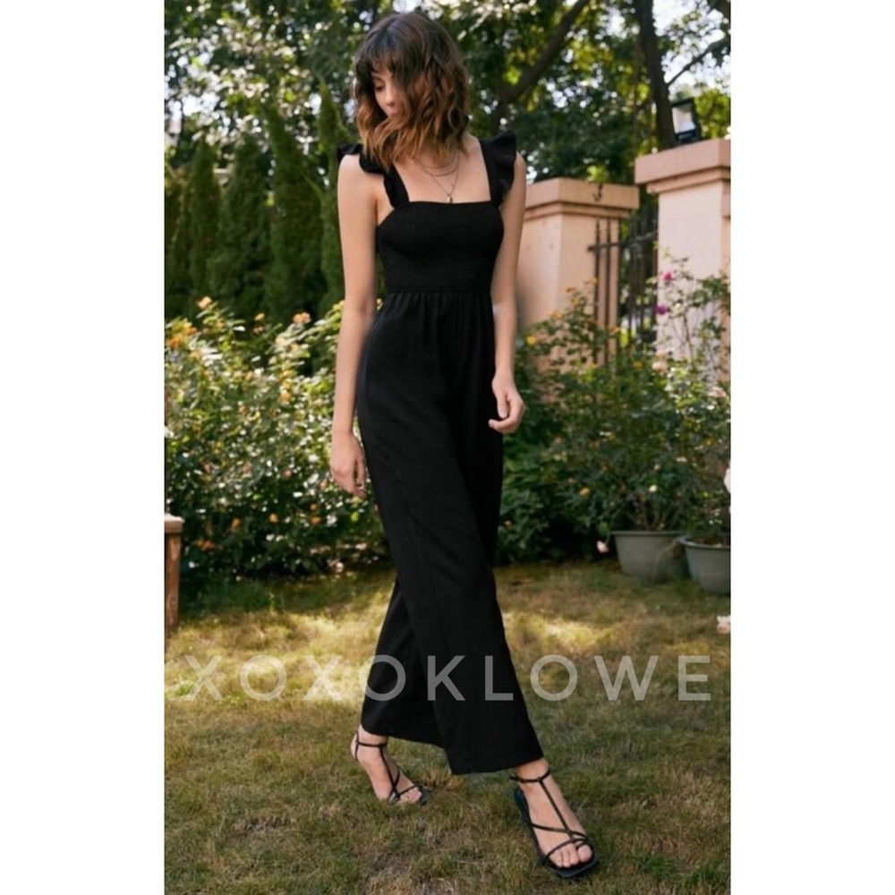 POL Black Relaxed Fit Smocked Jumpsuit Self Tie Shoulder Ribbons - Picture 14 of 16